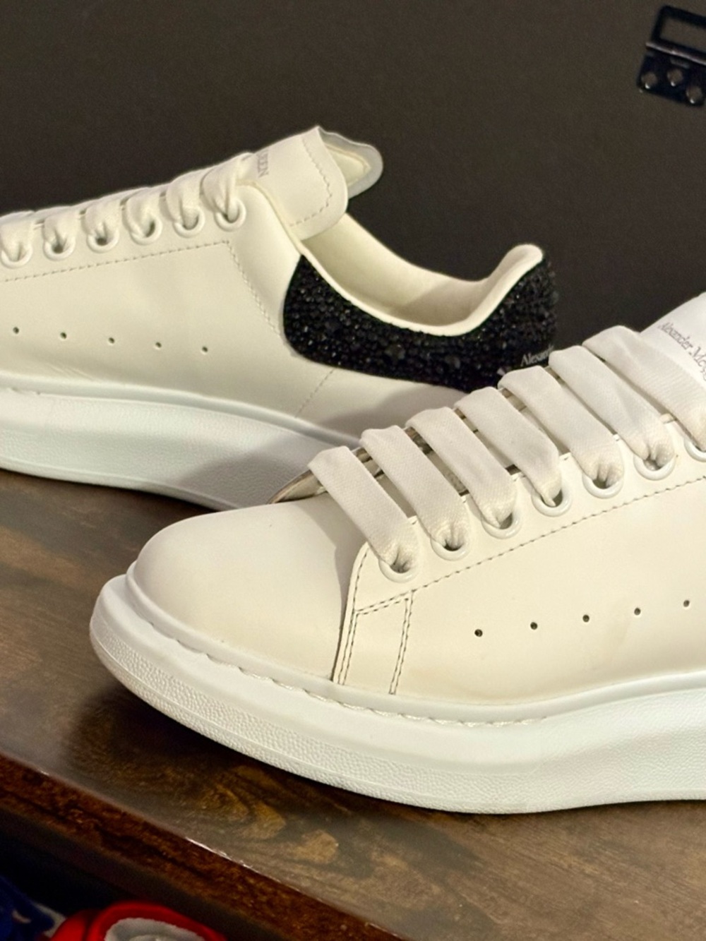Alexander McQueen White Leather Sneakers with Black Crystal Heel Tab Sz 58